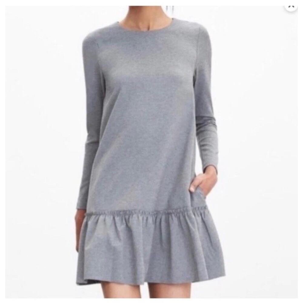 New Banana Republic Women's 12 Long Sleeve Grey Ruffle Hem Shift Dress Pockets